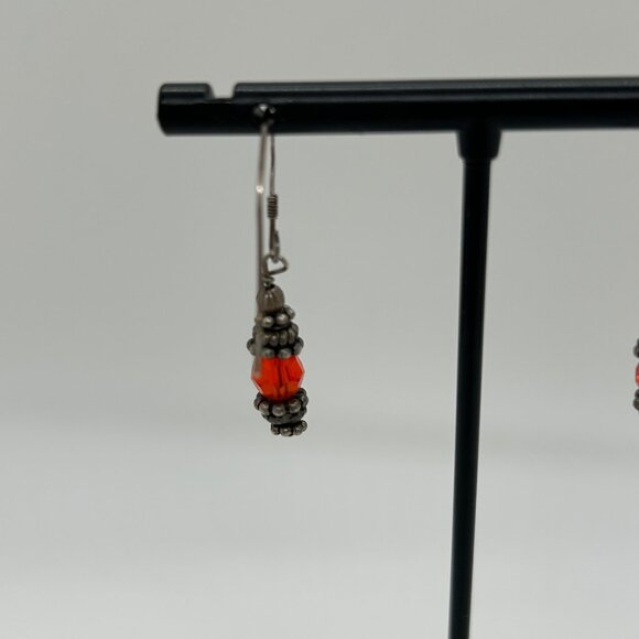 Sterling Silver Earrings Glass Orange and Silver Beads Pierced Dangle Vintage - Picture 7 of 13